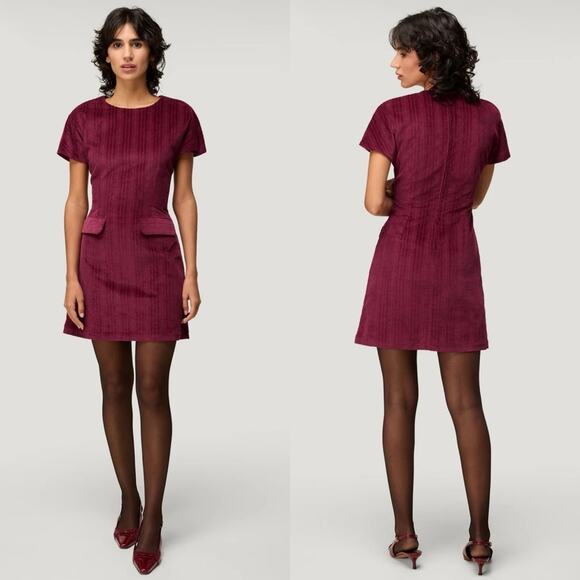 Rouje Paris Auxane Velour Corduroy Short Mini Dress in Cerise Burgundy - Picture 1 of 12